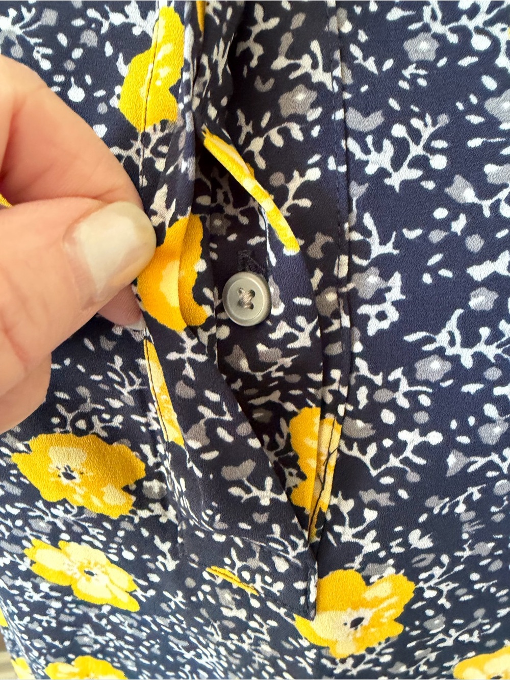 LOFT Navy Floral Ruffle Cap-Sleeve Blouse - Yellow Flower Print Medium - Picture 6 of 10